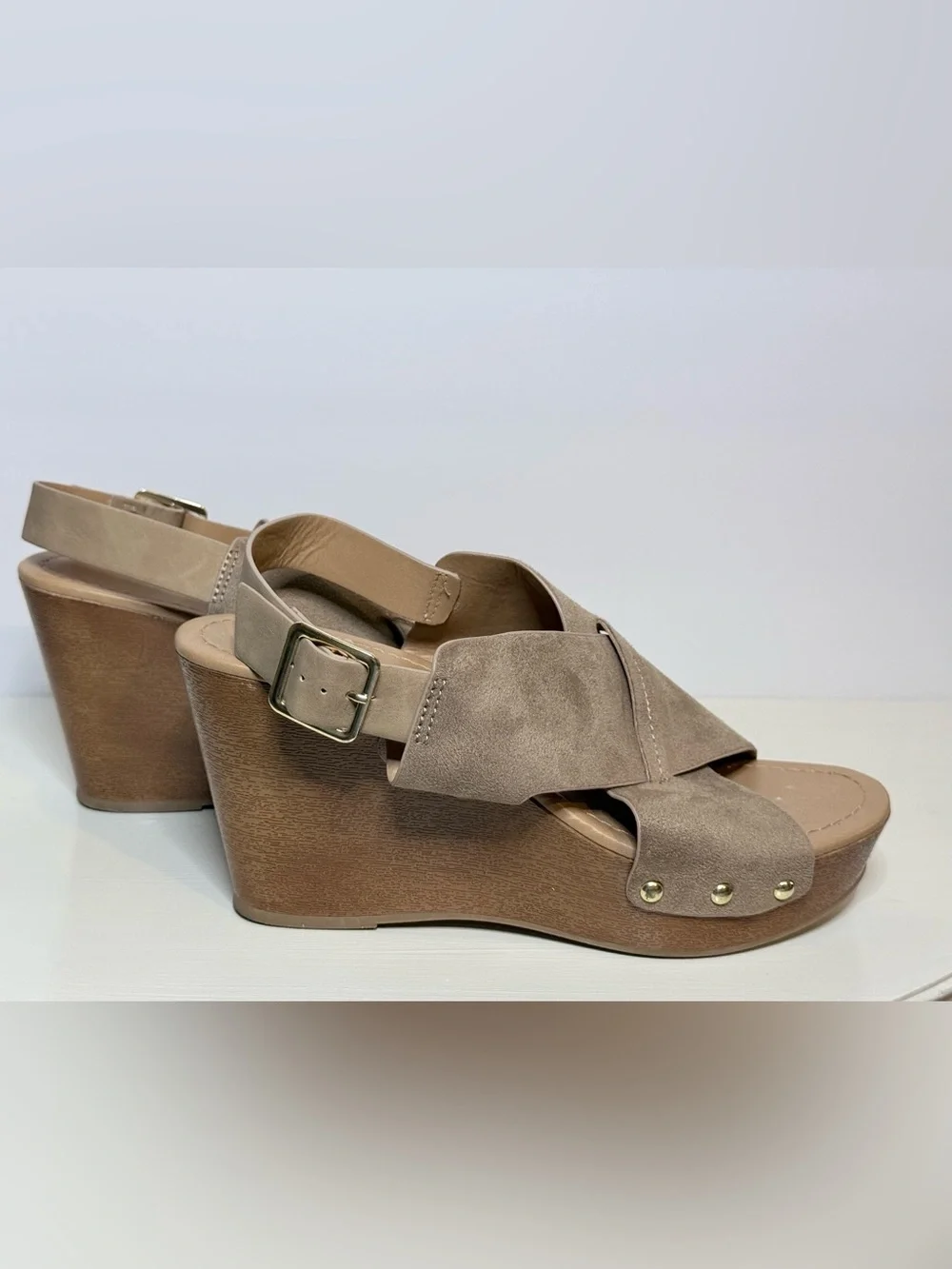 Cityclassified Boho Taupe Suede Knotted Wedge Buckle Slingback Sandals Size 9
